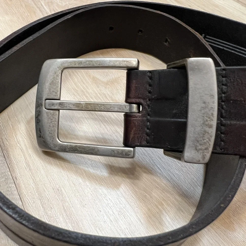 Fossil Vintage Belt Men 38 Brown Genuine Leather Logo Buckle Dress Casual MB6539